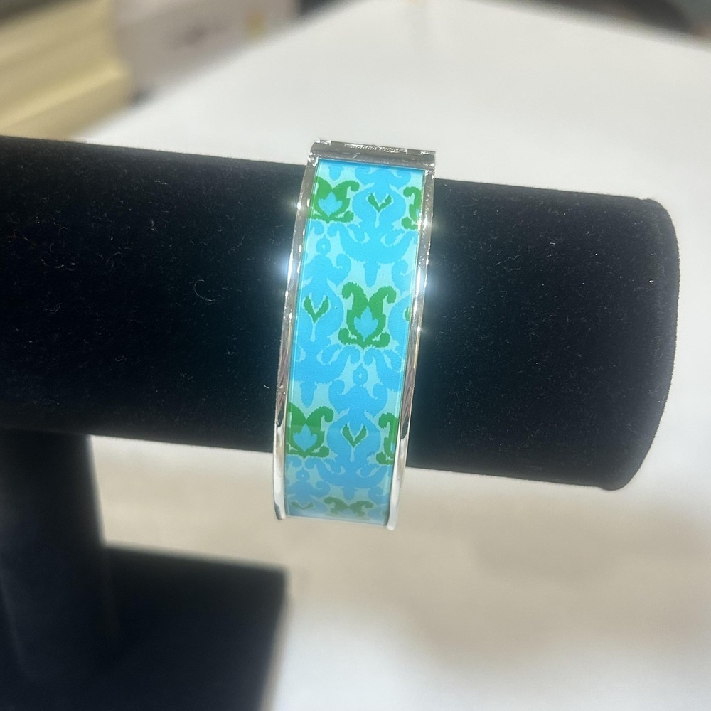 Talbots Blue Enamel Bangle Bracelet Womens Silver Tone Spring Hinge Jewelry
